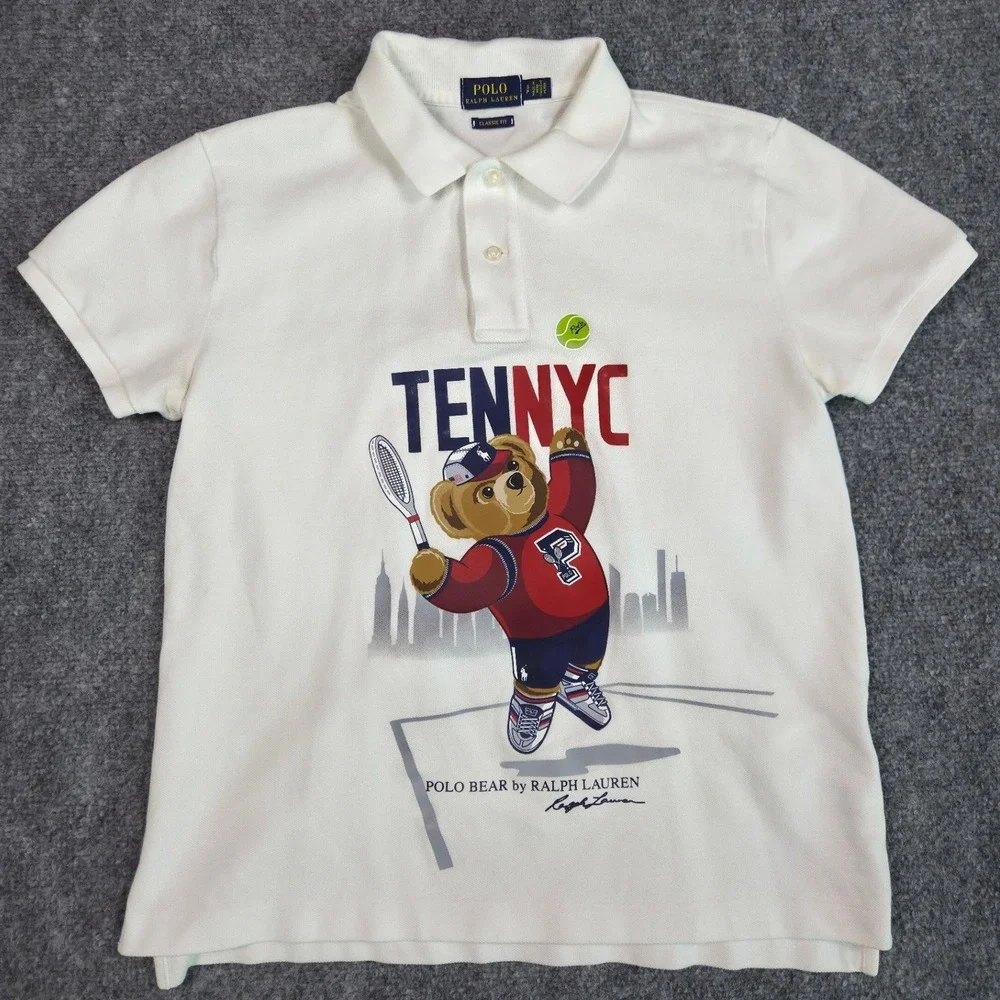 Polo Ralph Lauren Polo Shirt Mens Small White Polo Bear Tennis NYC Classic Fit